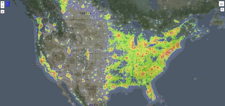light pollution map of the USA