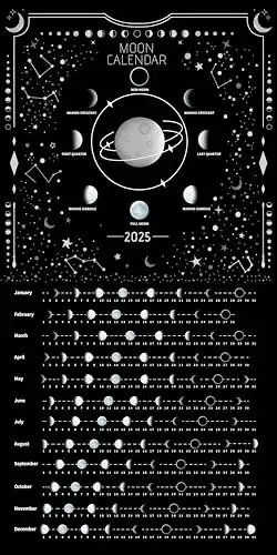 Moon Calendar 2025 Lunar Phases, Hangable MoonLight Wall Poster, Full Moon Tracker Wall Art, Moon Lover Gifts, Astrology Decorations, and Celestial Calendar, Black