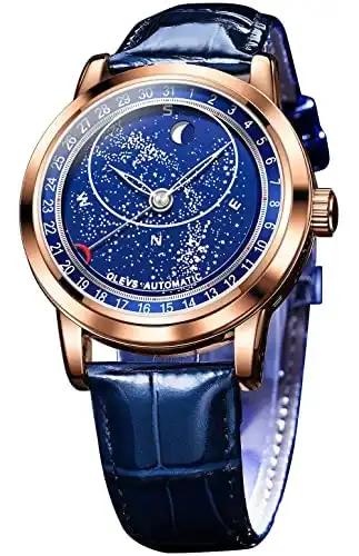 OLEVS Men Automatic Watches Starry Sky Moon Phase Blue Leather Luxury Rose Gold Dress Waterproof Luminous Wrist Watches