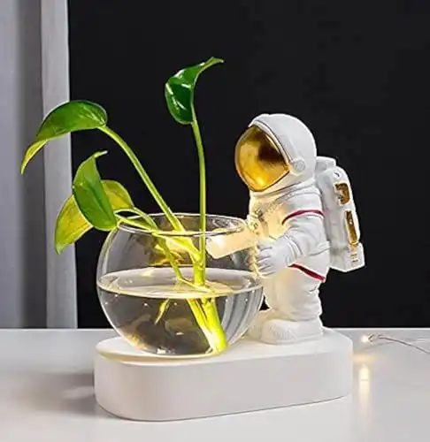 Astronaut Planter, Spaceman Glass Vase Astronaut Resin Hydroponics Flower Vases Led Light Nordic Modern Succulent Flower Pot Creative Decor White for Home Office Table