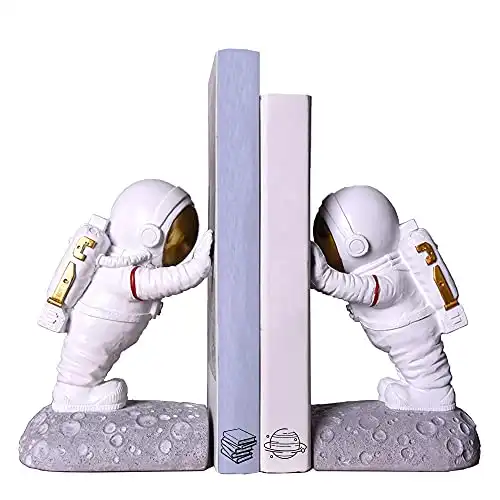 Joyvano Astronaut Bookends - Book Ends to Hold Books - Space Decor Bookends for Kids Rooms - Cool Bookends for Heavy Books - Unique Book Holders with Anti-Slip Base (Gold)