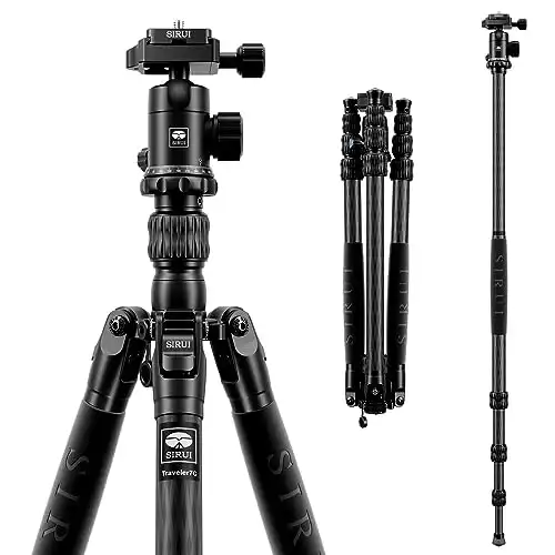 SIRUI Traveler 7C Camera Tripod 65.55 inches Carbon Fiber Arca Tripod with E-10 360 Panorama Ball Head and Arca Swiss Quick Release Plate Load Capacity Up to 17.6lbs, Convertible to Monopod