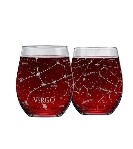 Greenline Goods Virgo Stemless Wine Glasses Zodiac Virgo Set Hand Etched 15 oz (Set of 2) - Astrology Sign Glassware