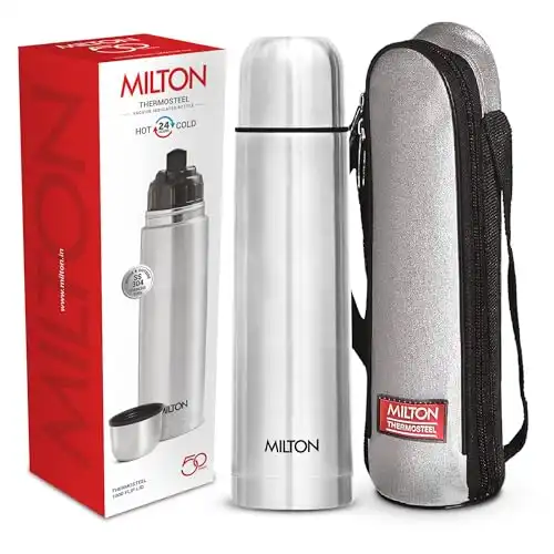 Milton Thermosteel Flip Lid 1000, Double Walled Vacuum Insulated Thermos 1000 ml | 34 oz | 1 Ltr | 24 Hours Hot and Cold Water Bottle with Cover, Stainless Steel, BPA Free,Leak Proof | Silver