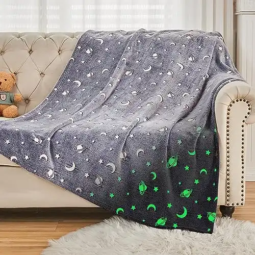 SOCHOW Glow in The Dark Throw Blanket 50 x 60 Inches, Galaxy Stars Pattern Soft Cozy Flannel Fleece Blanket for Sons Daughters, All Seasons Grey Presents Blanket for Preteens Teens