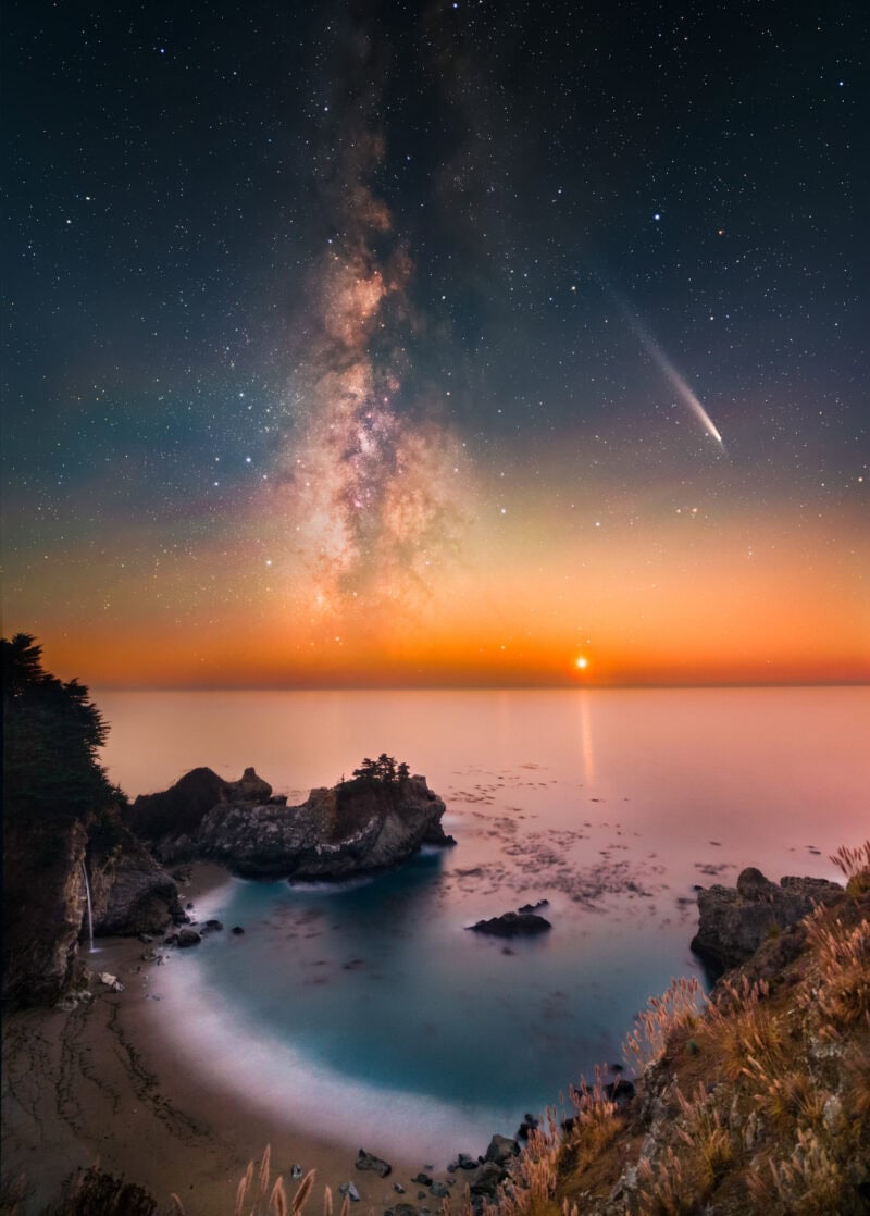 “Starlit Ocean: A Comet, the setting Venus, the Milky Way, and McWay Falls” – Xingyang Cai.