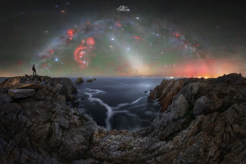 Bretagna Pen Hir Panoramica Orione Aurora Luce Zodiacale web 1