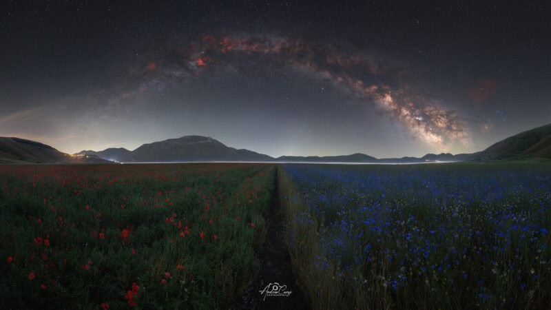 Castelluccio di Norcia panoramica via lattea fioritura web